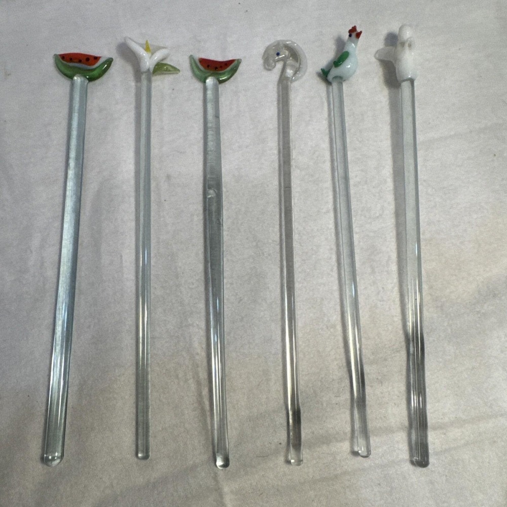 6 Vtg Cocktail Swizzle Sticks Hand Blown Glass Drink Barware Party Angel Lily
